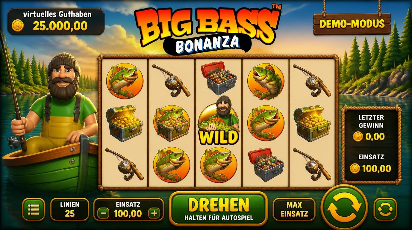 Slot-Screen mit Demo-Modus und virtuellem Guthaben, Fischer am See 