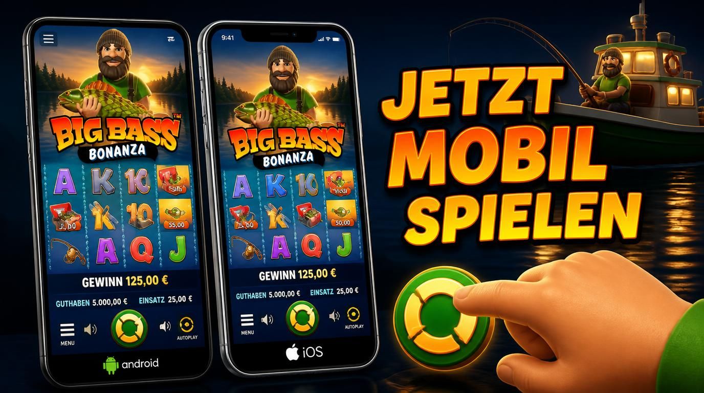 Zwei Smartphones zeigen Big Bass Bonanza mobil spielend auf Android und iPhone